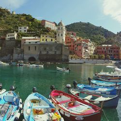 Boats moored at harbor in vernazza