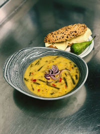 High angle view of soup in bowl on table