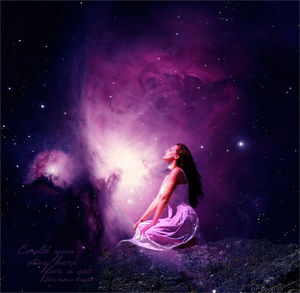 Woman sitting on purple at night