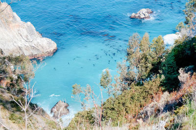 High angle view of rocks by sea