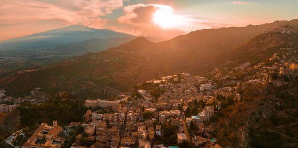 Panoramic aerial wide view of the active volcano etna