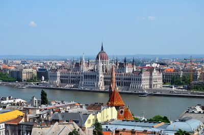 Panoramic view of buildings and river against sky in city