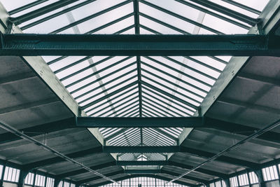 Low angle view of glass roof at railroad station