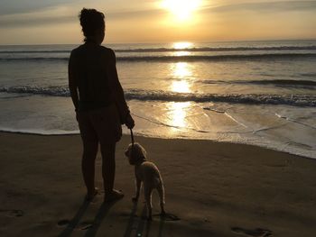 Rear view of woman with dog on beach at sunset