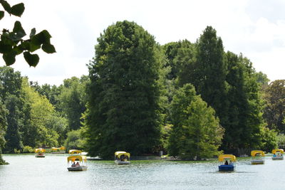 Boats in river by trees against sky