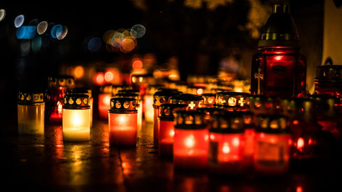 Close-up of lit candles in row