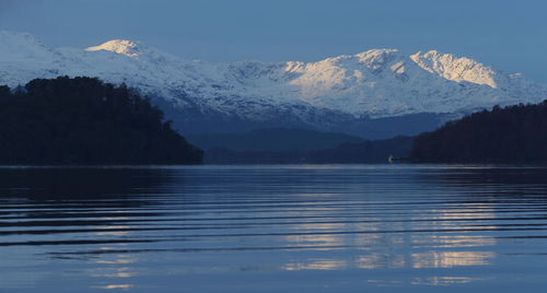Scenic view of lake and snowcapped mountains against sky