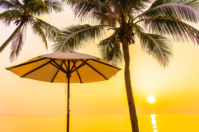 Silhouette coconut palm trees on beach against sky during sunset