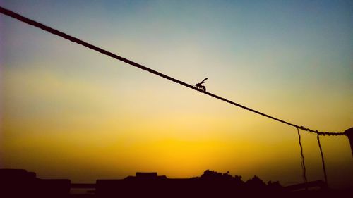 Low angle view of silhouette cranes against orange sky