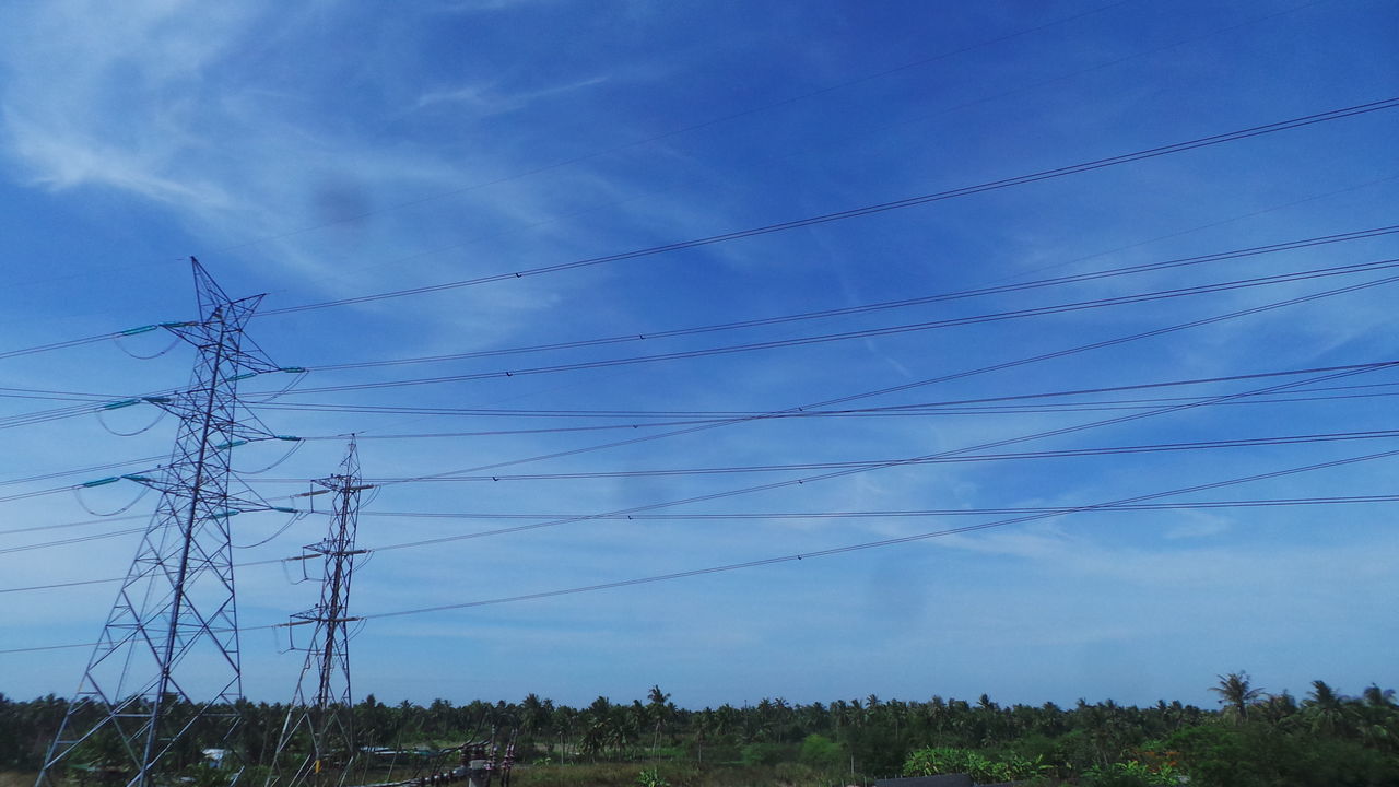 power line, electricity pylon, cable, power supply, connection, sky, electricity, low angle view, blue, animal themes, power cable, fuel and power generation, bird, nature, tranquility, technology, field, landscape, outdoors, no people