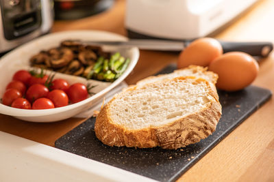 High angle view of breakfast in plate on table