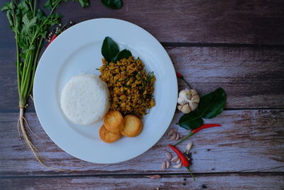 High angle view of food served on table