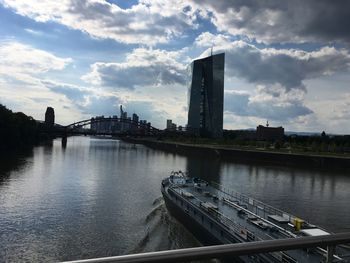 Bridge over river in city against cloudy sky