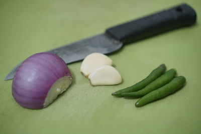 High angle view of chopped vegetables on table