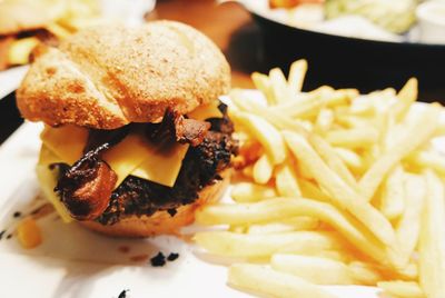 Close-up of hamburger with french fries served in plate