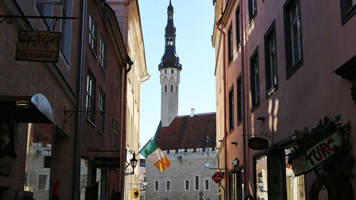 Low angle view of buildings in city against sky