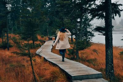 Rear view of woman standing on footpath in forest