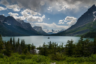 Scenic view of lake and mountains against sky