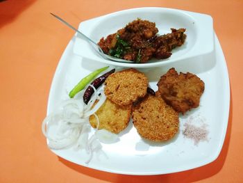 High angle view of breakfast on table
