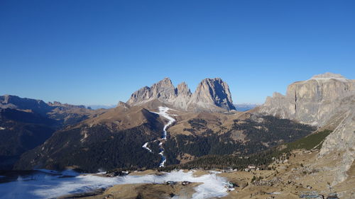 Scenic view of mountains against clear blue sky