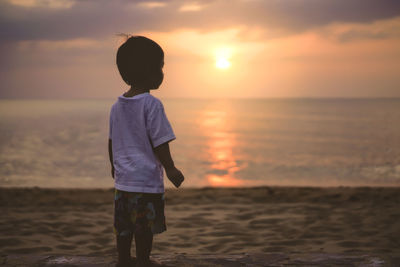 Rear view of man standing at beach during sunset