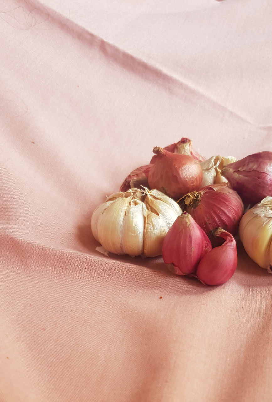 food and drink, food, freshness, produce, wellbeing, healthy eating, plant, shallot, vegetable, garlic, indoors, onion, garlic bulb, no people, still life, ingredient, spice, high angle view, flower, raw food, close-up