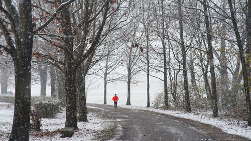 Rear view of woman walking on snow covered land