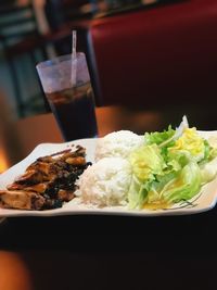 Close-up of food served on table