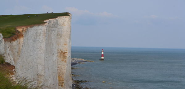 Lighthouse by sea against sky