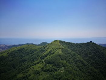 Scenic view of sea and mountains against clear sky