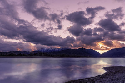 Scenic view of lake against sky during sunset