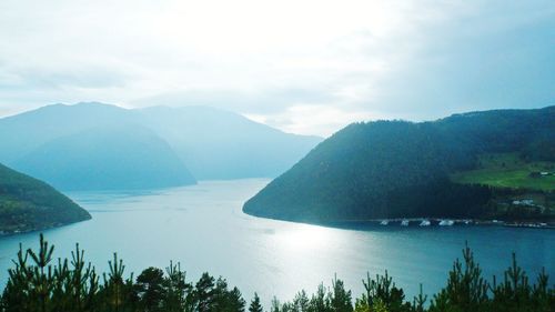 Scenic view of lake and mountains against sky