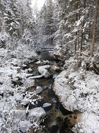 View of stream flowing through rocks during winter