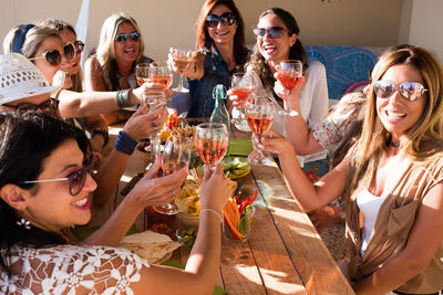 Friends toasting drinks at table