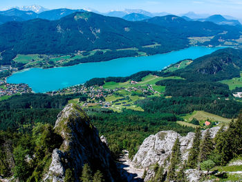 High angle view of landscape and mountains against sky