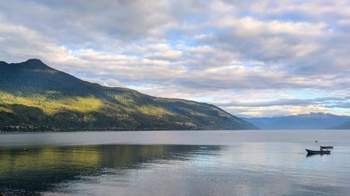 Scenic view of lake and mountains against sky