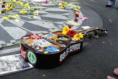 High angle view of various flower on street