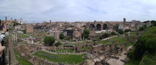 High angle view of roman forum against sky