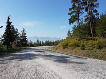 Empty road amidst trees against sky