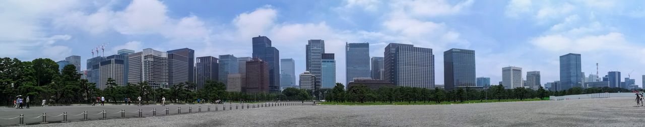 Panoramic view of city buildings against sky