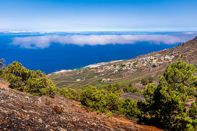 Scenic view of sea and mountains against sky