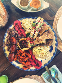 High angle view of food in plate on table