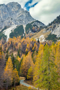 Scenic view of mountains against sky during autumn