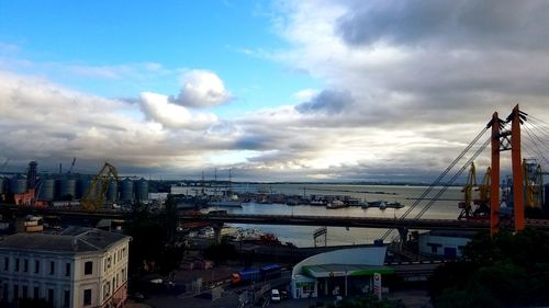 High angle view of bridge and buildings against sky