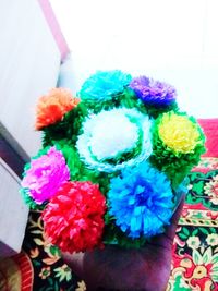 High angle view of various flowers on table at home