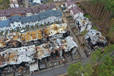 Top view of the destroyed and burnt houses. houses were destroyed by rockets from russian soldiers.