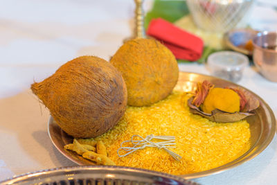High angle view of bread in plate on table