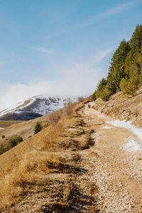 Scenic view of landscape against sky with hiker