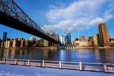 Bridge over river by buildings against sky in city