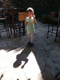 Full length portrait of girl standing on seat